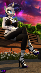 Size: 2160x3840 | Tagged: safe, artist:shadowboltsfm, rarity, unicorn, anthro, plantigrade anthro, g4, 3d, 4k, bench, black nail polish, breasts, cleavage, clothes, crossed arms, crossed legs, eyelashes, feet, high heels, high res, midriff, nail polish, open-toed shoes, pants, shoes, sitting, smiling, solo, source filmmaker, sunset, toenail polish, toes, yoga pants