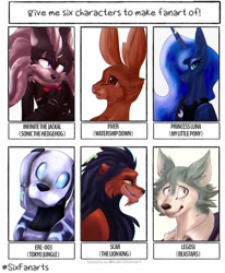 Size: 842x1024 | Tagged: safe, artist:terorain, princess luna, alicorn, big cat, dog, jackal, lion, pony, rabbit, robot, wolf, anthro, g4, animal, anthro with ponies, bust, clothes, crossover, female, fiver, infinite (character), legosi (beastars), male, mare, peytral, scar (the lion king), six fanarts, smiling, sonic the hedgehog (series), tokyo jungle, watership down