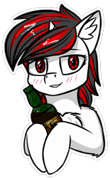 Size: 850x1373 | Tagged: safe, artist:colourwave, oc, oc only, oc:blackjack, pony, unicorn, fallout equestria, fallout equestria: project horizons, alcohol, blushing, chest fluff, compact horn, cute, cyber eyes, ear fluff, fanfic, fanfic art, female, horn, its not small its compact!, mare, simple background, simple shading, small horn, solo, sticker, transparent background, whiskey