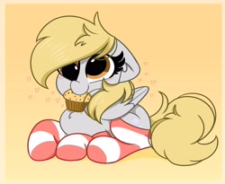 Size: 2800x2300 | Tagged: safe, artist:kittyrosie, derpy hooves, pegasus, pony, g4, blushing, clothes, cute, daaaaaaaaaaaw, derpabetes, female, floppy ears, food, heart, high res, mare, mouth hold, muffin, orange background, simple background, socks, solo, striped socks
