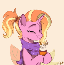 Size: 693x699 | Tagged: safe, artist:rutkotka, luster dawn, pony, unicorn, g4, the last problem, clothes, coffee, cute, eyes closed, female, food, latte, lusterbetes, mare, scarf, smiling, solo, warm
