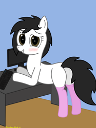 Size: 3016x4032 | Tagged: safe, artist:rainbowšpekgs, oc, oc only, oc:mod pone the mod, earth pony, pony, adorasexy, blushing, butt, clothes, commission, computer, cute, desk, embarrassed, keyboard, plot, rear view, sexy, socks, solo