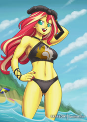 Size: 1116x1579 | Tagged: safe, artist:brother-tico, sunset shimmer, equestria girls, equestria girls specials, g4, my little pony equestria girls: better together, my little pony equestria girls: forgotten friendship, arm behind head, beach shorts swimsuit, belly button, bikini, bikini babe, breasts, busty sunset shimmer, clothes, dive mask, female, legs in the water, nail polish, open mouth, palindrome get, partially submerged, snorkel, solo, sunset shimmer swimsuit, sunset shimmer's beach shorts swimsuit, swimsuit