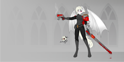 Size: 8000x4000 | Tagged: artist needed, safe, oc, oc only, oc:albi light wing, bat pony, anthro, abstract background, albino, aquila, armor, bat pony oc, bat wings, blood, bolter, chainsword, clothes, crossover, female, gun, imperium, inquisition, inquisitor, looking at you, mare, melee weapon, nightpony, pink eyes, ponified, ponyhammer, servo skull, simple background, skull, solo, sword, uniform, warhammer (game), warhammer 40k, weapon, white fur, wings