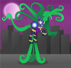 Size: 8439x8078 | Tagged: safe, artist:anime-equestria, mane-iac, earth pony, pony, g4, power ponies (episode), boots, city, clothes, costume, electro orb, female, happy, hoof hold, mare, moon, shoes, skyline, smiling, solo, stars, tentacles
