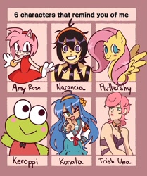 Size: 976x1166 | Tagged: safe, artist:ambiicrouton, fluttershy, frog, human, pegasus, pony, anthro, g4, amy rose, anthro with ponies, blush sticker, blushing, breasts, bust, clothes, crossover, gloves, grin, izumi konata, jojo's bizarre adventure, keroppi, lucky star, male, narancia ghirga, one eye closed, sanrio, six fanarts, smiling, sonic the hedgehog (series), trish una, wink