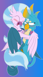 Size: 2160x3840 | Tagged: safe, artist:sintakhra, gallus, silverstream, classical hippogriff, griffon, hippogriff, tumblr:studentsix, g4, blushing, female, gallus is not amused, high res, hug, male, ship:gallstream, shipping, silverstream hugs gallus, straight, unamused, winghug