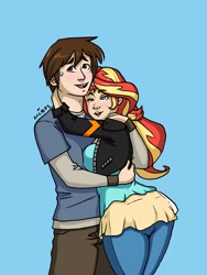 Size: 1544x2056 | Tagged: safe, artist:ameliacostanza, sunset shimmer, human, g4, blue background, crossover, hug, humanized, peter parker, simple background