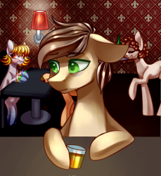 Size: 1914x2085 | Tagged: safe, artist:helemaranth, oc, oc only, oc:rusty star, earth pony, pony, alcohol, bar, beer, bust, colored hooves, cup, earth pony oc, hoof hold, indoors, lonely, raised hoof, sitting