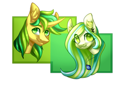 Size: 2000x1393 | Tagged: safe, artist:helemaranth, oc, oc only, earth pony, pony, unicorn, commission, duo, ear fluff, ear piercing, earring, earth pony oc, horn, jewelry, necklace, piercing, simple background, smiling, transparent background, unicorn oc, ych result
