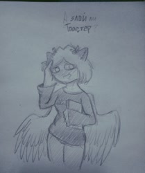 Size: 1280x1534 | Tagged: safe, artist:li1beasty, oc, oc only, pegasus, anthro, book, clothes, female, grayscale, monochrome, pegasus oc, smiling, traditional art, wings