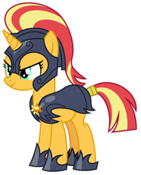 Size: 1024x1268 | Tagged: safe, artist:emeraldblast63, sunset shimmer, pony, unicorn, g4, armor, clothes, evil smirk, royal guard, shoes, show accurate, simple background, tail wrap, transparent background