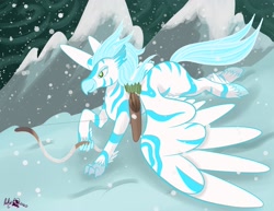 Size: 2048x1583 | Tagged: safe, artist:inkynotebook, oc, oc only, pony, zebra, arrow, bow (weapon), mountain, outdoors, quill, raised hoof, running, signature, snow, snowfall, solo, zebra hippogriff, zebra oc