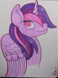 Size: 1536x2048 | Tagged: safe, artist:inkynotebook, oc, oc only, oc:radiant star, alicorn, pony, alicorn oc, bust, horn, smiling, solo, traditional art, wings