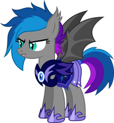 Size: 2000x2157 | Tagged: safe, artist:bnau, oc, oc only, oc:lyssa, bat pony, pony, armor, cute, cute little fangs, ear fluff, fangs, female, frown, guardsmare, high res, hoof shoes, mare, night guard, night guard armor, royal guard, show accurate, simple background, solo, standing, transparent background, vector