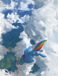 Size: 2000x2618 | Tagged: safe, artist:redruin01, rainbow dash, pegasus, pony, g4, cloud, female, flying, high res, lineless, mare, painting, scenery, sky, solo