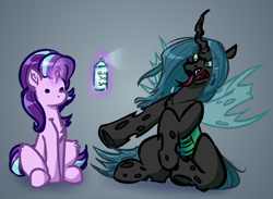 Size: 4500x3300 | Tagged: safe, artist:witchtaunter, queen chrysalis, starlight glimmer, changeling, changeling queen, pony, unicorn, g4, bug spray, bugs doing bug things, female, forked tongue, gradient background, sitting, spray can, starlight vs chrysalis