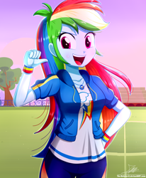 Size: 1784x2163 | Tagged: safe, artist:the-butch-x, rainbow dash, human, equestria girls, g4, my little pony equestria girls: better together, bleachers, blue skin, breasts, busty rainbow dash, clothes, confident, cute, cutie mark, cutie mark on clothes, dashabetes, female, fence, geode of super speed, hoodie, jacket, jewelry, leggings, looking at you, magical geodes, multicolored hair, necklace, open mouth, open smile, outdoors, pants, pink eyes, pointing at self, rainbow hair, rework, signature, smiling, smiling at you, soccer field, solo, sweater, teenager, tree, wristband