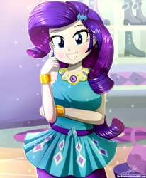 Size: 1784x2163 | Tagged: safe, artist:the-butch-x, rarity, equestria girls, equestria girls series, g4, beautiful, blue eyes, bracelet, breasts, busty rarity, clothes, cute, cutie mark, cutie mark on clothes, dress, fashionista, female, geode of shielding, hairpin, jewelry, looking at you, magical geodes, necklace, purple hair, raribetes, rarity peplum dress, rework, shoes, sleeveless, sleeveless dress, solo