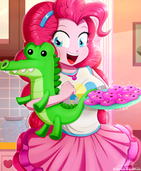 Size: 1784x2163 | Tagged: safe, artist:the-butch-x, gummy, pinkie pie, alligator, human, equestria girls, g4, my little pony equestria girls: better together, the craft of cookies, beautiful, blue eyes, breasts, busty pinkie pie, candy, clothes, cookie, cute, cutie mark, cutie mark on clothes, diapinkes, dress, female, food, geode of sugar bombs, happy, headband, heart, jar, jewelry, looking at you, magical geodes, male, necklace, open mouth, pink hair, plushie, rah rah skirt, red hair, remake, skirt, smiling, smiling at you, solo, tank top, tray, tutu