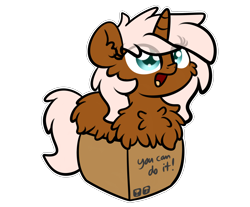 Size: 3250x2688 | Tagged: safe, artist:php142, part of a set, oc, oc only, pony, unicorn, box, chest fluff, female, fluffy, fragile, happy, high res, mare, pony in a box, simple background, smiling, solo, transparent background