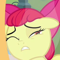 Size: 1080x1080 | Tagged: safe, screencap, apple bloom, earth pony, pony, bloom & gloom, g4, cropped, female, filly, floppy ears, one eye closed, solo, worried