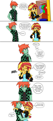Size: 2978x6788 | Tagged: safe, artist:sodaska, sunset shimmer, oc, oc:ruby sword, equestria girls, g4, canon x oc, chuckle, clothes, cuddling, embrace, female, flirting, frown, green lantern, hug, imminent kissing, looking at each other, male, nose pinch, raised eyebrow, shirt, shrug, sigh, straight, sunsword, superman, t-shirt, the flash, wardrobe