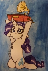 Size: 1529x2275 | Tagged: safe, artist:raritylover152, rarity, pony, unicorn, dragon dropped, g4, belly, chest fluff, crying, female, floppy ears, gramophone, kneeling, mare, puppy dog eyes, solo, teary eyes, traditional art, watercolor painting