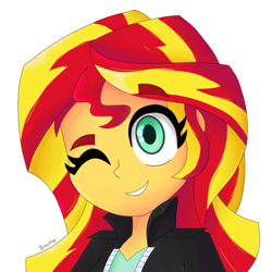 Size: 1000x1000 | Tagged: safe, artist:biocrine, sunset shimmer, equestria girls, g4, bust, female, one eye closed, simple background, smiling, solo, white background, wink