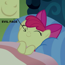 Size: 901x901 | Tagged: safe, edit, edited screencap, screencap, apple bloom, earth pony, pony, bloom & gloom, g4, adorabloom, bed, cropped, cute, eyes closed, female, filly, mimir, sleeping, smiling, solo