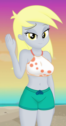 Size: 1160x2190 | Tagged: safe, edit, edited screencap, editor:ah96, screencap, derpy hooves, aww... baby turtles, equestria girls, equestria girls series, g4, belly button, breast edit, breasts, busty derpy hooves, clothes, clothes edit, cropped, derpy's swimsuit, female, lidded eyes, looking at you, shading, smiling, solo, swimsuit, swimsuit edit, waving