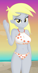 Size: 1160x2190 | Tagged: safe, edit, edited screencap, editor:ah96, screencap, derpy hooves, aww... baby turtles, equestria girls, g4, my little pony equestria girls: better together, beach, beach babe, beach shorts swimsuit, belly button, bikini, breast edit, breasts, busty derpy hooves, clothes, cropped, derpy's beach shorts swimsuit, derpy's swimsuit, female, lidded eyes, looking at you, shading, smiling, solo, swimsuit, swimsuit edit, waving