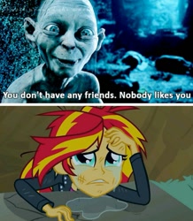 Size: 735x841 | Tagged: safe, edit, edited screencap, screencap, sunset shimmer, equestria girls, g4, my little pony equestria girls, abuse, crying, go to sleep adagio dazzle, gollum, lord of the rings, op is a duck, op is trying to start shit, op is trying too hard, sad, shimmerbuse, sunsad shimmer