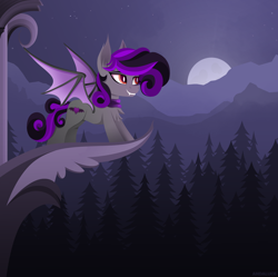 Size: 3058x3041 | Tagged: safe, artist:andaluce, oc, oc only, oc:octave zeckoria, bat pony, pony, forest, high res, moon, mountain, night, scenery, smiling, solo, spread wings, wings