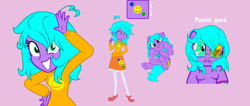 Size: 2744x1166 | Tagged: safe, artist:chiarinuk, oc, oc only, oc:pastel gore, pony, equestria girls, g4, human oc, reference sheet, smiling, solo