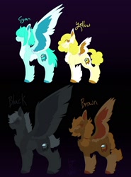 Size: 1280x1732 | Tagged: safe, artist:lepiswerid, oc, oc:black (among us), oc:brown (among us), oc:cyan (among us), oc:yellow (among us), pegasus, pony, among us, black, black background, braid, brown, colored hooves, colored wings, cyan, deformed wing, deformity, fanart, hair covering face, ponytail, simple background, wings, yellow