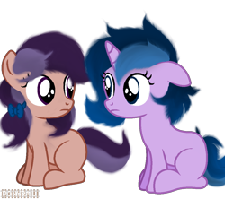 Size: 1000x886 | Tagged: safe, artist:ponyrailartist, oc, oc only, oc:fluffy melody, oc:lavender adagio, earth pony, pony, unicorn, foal, show accurate, simple background, stare, transparent background