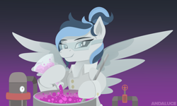 Size: 1494x897 | Tagged: safe, artist:andaluce, oc, oc only, oc:haze northfleet, pegasus, pony, chemistry, clothes, gradient background, lab coat, safety goggles, science, solo