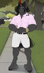 Size: 900x1484 | Tagged: safe, artist:evehly, king sombra, unicorn, anthro, unguligrade anthro, g4, car, clothes, digital art, lucky luciano, male, meme, ponified meme, shirt, shorts, solo, stallion, unshorn fetlocks, watch, you know i had to do it to em