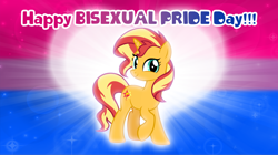 Size: 1280x719 | Tagged: safe, artist:andoanimalia, sunset shimmer, pony, unicorn, g4, bisexual female, bisexual pride flag, bisexuality, cute, female, heart, looking at you, pride, pride flag, raised hoof, shimmerbetes, smiling, solo, stars, sunset shimmer is bisexual, text
