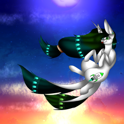 Size: 2449x2449 | Tagged: safe, artist:itzalayah, oc, oc only, oc:rocket, pony, unicorn, big ears, high res, horn, moon, solo, sun, sunset, tongue out, two tails, unicorn oc