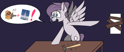 Size: 3940x1669 | Tagged: safe, artist:pinkberry, oc, oc only, oc:vylet, pegasus, pony, boarded door, commission, dishevelled, female, glasses, hammer, mare, messy hair, nails, pictogram, solo, speech bubble, table