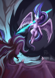 Size: 1169x1654 | Tagged: safe, artist:calena, starlight glimmer, alicorn, demon, demon pony, original species, pony, g4, alicornified, angelic, angelic wings, angry, cave, demon wings, duality, epic, evil, fight, looking at each other, magic, painting, race swap, self paradox, serious, serious face, spear, starlicorn, weapon, wings