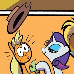 Size: 342x345 | Tagged: safe, artist:andy price, idw, official comic, applejack, rarity, earth pony, pony, unicorn, g4, season 10, spoiler:comic89, applejack's hat, cowboy hat, cropped, hat