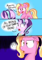 Size: 1000x1414 | Tagged: safe, artist:swivel starsong, luster dawn, starlight glimmer, pony, unicorn, g4, boomer, boomerlight glimmer, cellphone, comic, context is for the weak, dialogue, female, floppy ears, headmare starlight, insane troll logic, luster dawn is starlight's and sunburst's daughter, mare, millennial luster dawn, mother and child, mother and daughter, mothers gonna mother, offspring, older, older starlight glimmer, parent:starlight glimmer, parent:sunburst, parents:starburst, phone, smartphone, starlight boomer, unfathomable stupidity