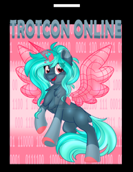 Size: 1600x2070 | Tagged: safe, artist:thehaywaiianhorse, oc, oc only, oc:proxy server, pony, trotcon, trotcon online, binary, convention mascot, eye clipping through hair, female, hologram, mare, mascot, solo