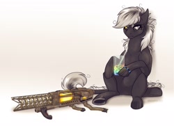 Size: 1800x1300 | Tagged: safe, artist:dementra369, oc, oc only, oc:hara, monster pony, original species, pony, tatzlpony, fallout equestria, belly, drink, drinking straw, fallout, fallout: new vegas, glass, simple background, sitting, solo, tesla beaton, weapon