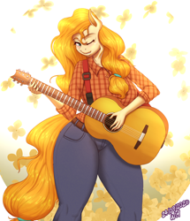 Size: 2000x2330 | Tagged: safe, artist:wolfmask, pear butter, earth pony, anthro, g4, beautiful, clothes, curvy, female, guitar, high res, jeans, musical instrument, one eye closed, pants, plaid shirt, shirt, solo, thighs, thunder thighs, wide hips, wink, winking at you