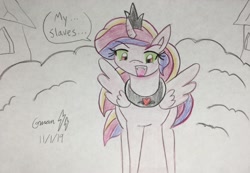 Size: 2220x1535 | Tagged: safe, artist:gamerblitz77, artist:gmangamer25, princess cadance, alicorn, pony, umbrum, g4, the crystal empire, alternate character interpretation, alternate scenario, alternate universe, clothes, corruptance, corrupted, corrupted cadance, crystal empire, dark magic, dark queen, evil cadance, female, jewelry, magic, mare, peytral, possessed, queen cadance, regalia, role reversal, solo, sombra eyes, speech bubble, story included, summary included, tiara, traditional art, tyrant cadance, word bubble