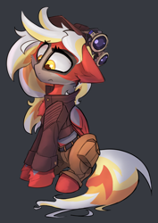 Size: 2673x3777 | Tagged: safe, artist:ignis, oc, oc only, oc:ember (ignis), pegasus, pony, clothes, coat, goggles, hat, high res, pants, scowl, simple background, two toned coat